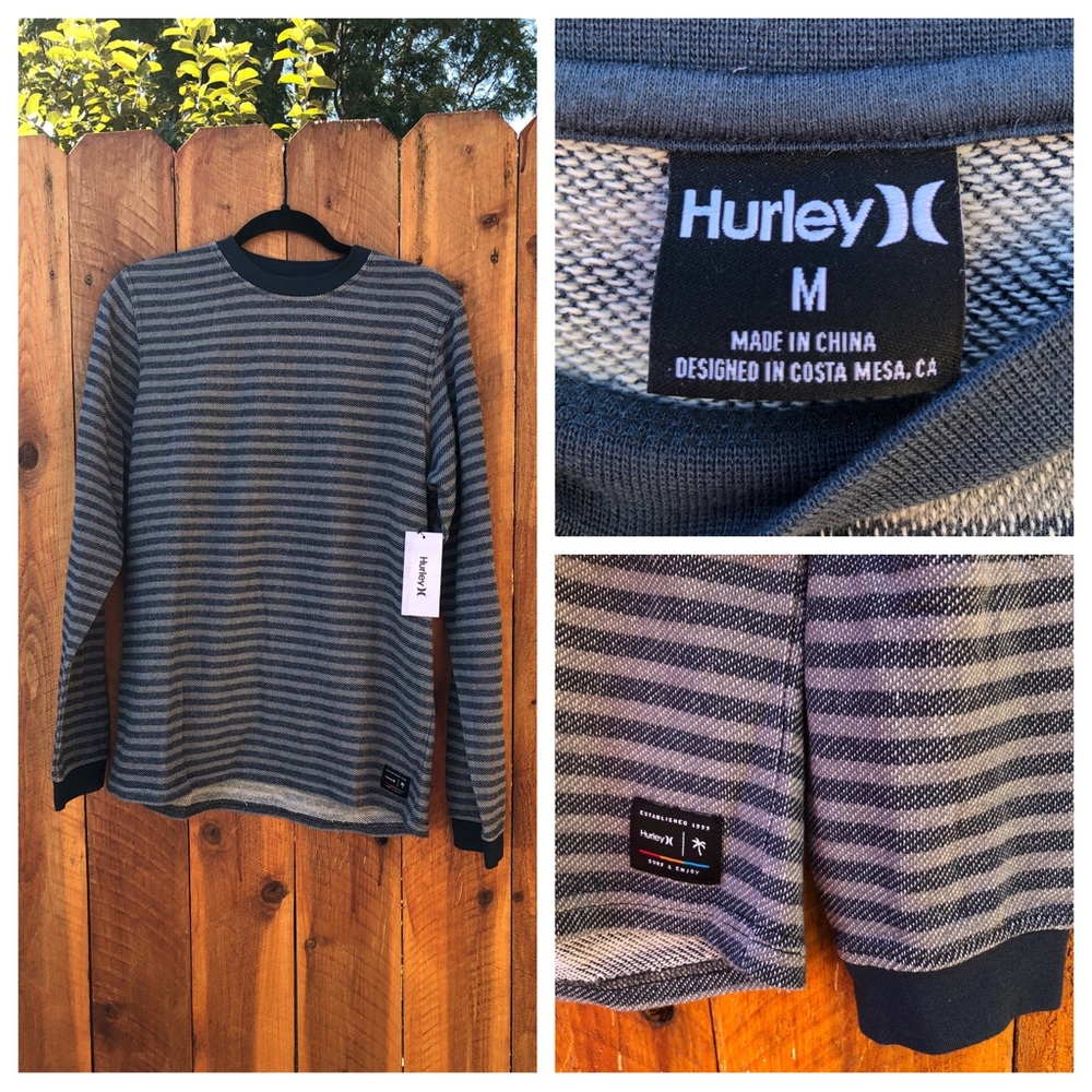 Hurley Striped Long Sleeve Crew Neck - Blue & Gray - Medium NWT